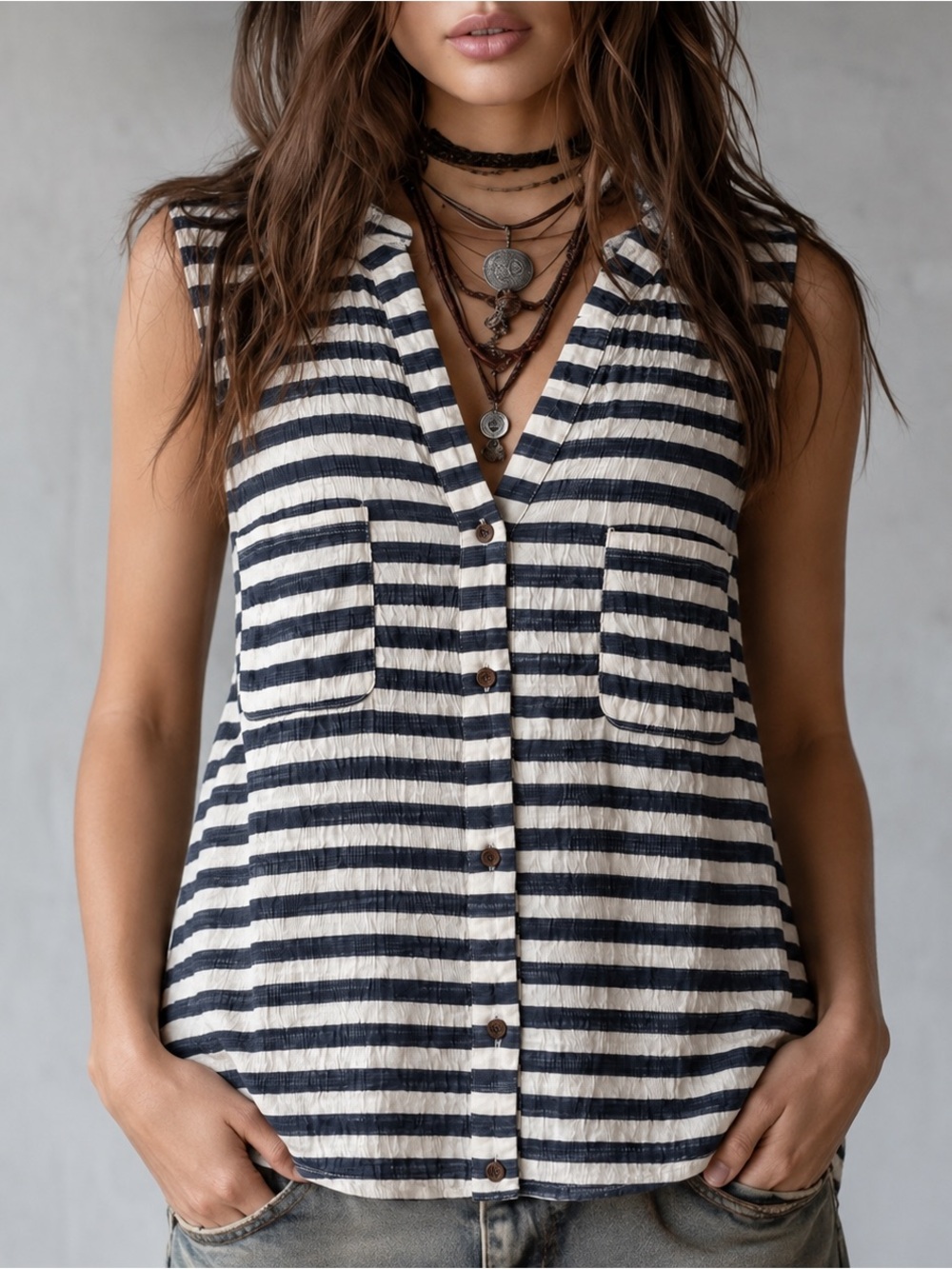 Greige Navy Stripe Button Front Coastal Boho Sleeveless Tank Top Lagenlook, XL